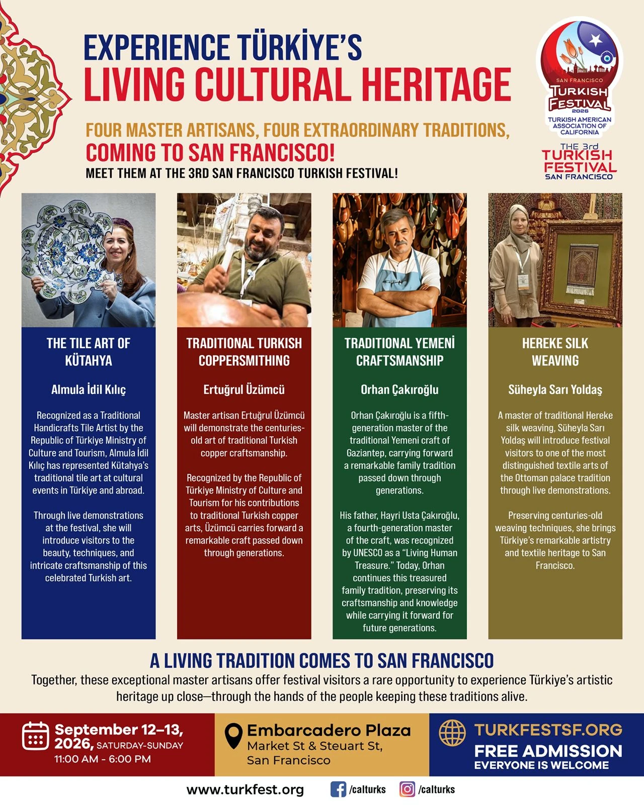 Four master artisans presenting Turkish living cultural heritage at TurkFest SF 2026