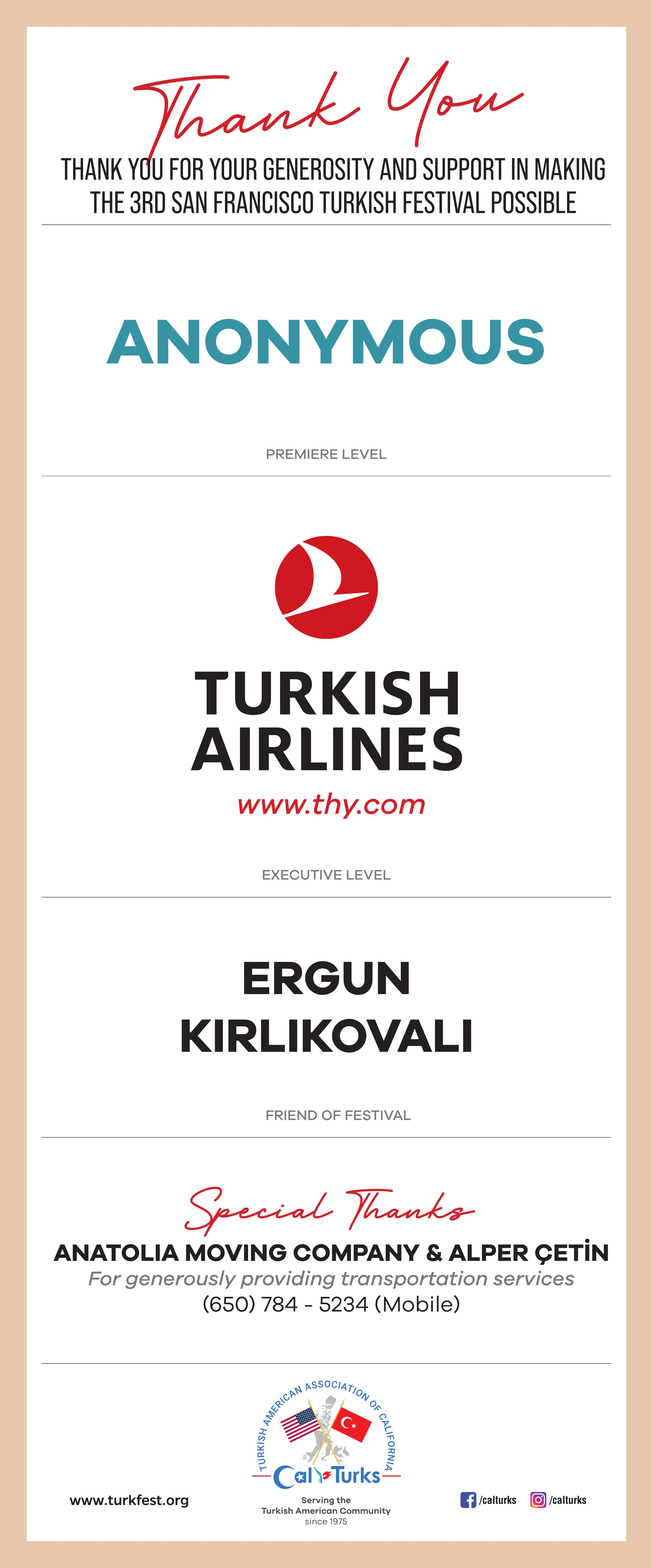 Thank you to the sponsors and supporters of the 3rd San Francisco Turkish Festival