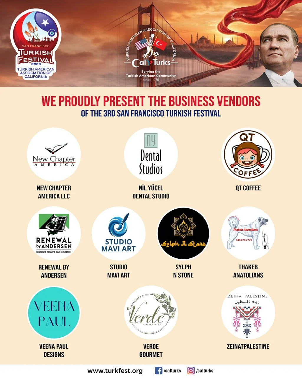 TurkFest SF 2026 business vendors including New Chapter America, Nil Yucel Dental Studio, QT Coffee, Renewal by Andersen, Studio Mavi Art, Sylph N Stone, Thakeb Anatolians, Veena Paul Designs, Verde Gourmet and Zeinat Palestine